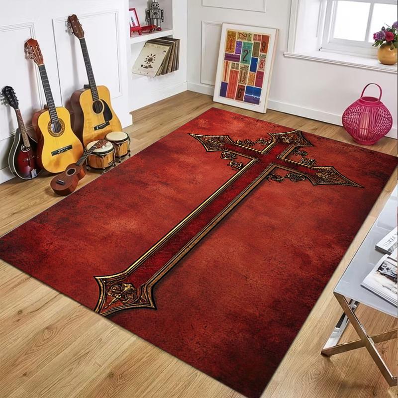 

Vintage Gothic Cross Area Rug Ornate Gold Christian Religious Decorative Floor Mat for Living Room Bedroom Home Decor Non Slip 40X60CM
