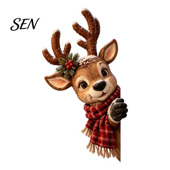 Non Marking Window Art Vintage Peeking Christmas Decor, 3D Carved Santa Reindeer Decorative Glass Adhesives Ornament with Hidden Suction Cup, Holiday