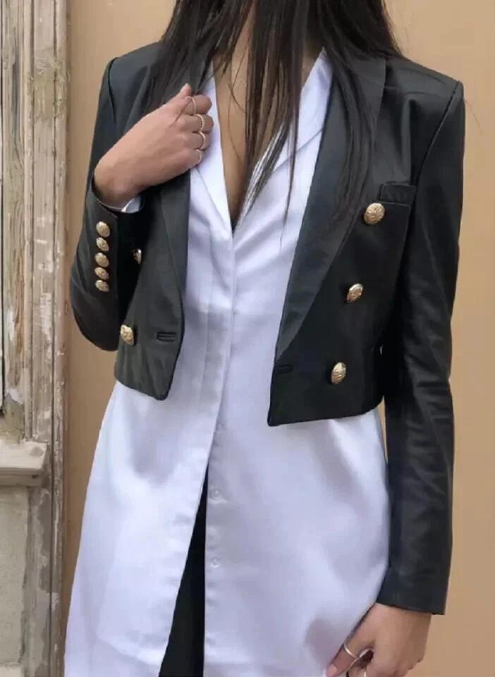 Pure Soft Leather Formal Women's Black Cropped Genuine Blazer Handmade Lambskin