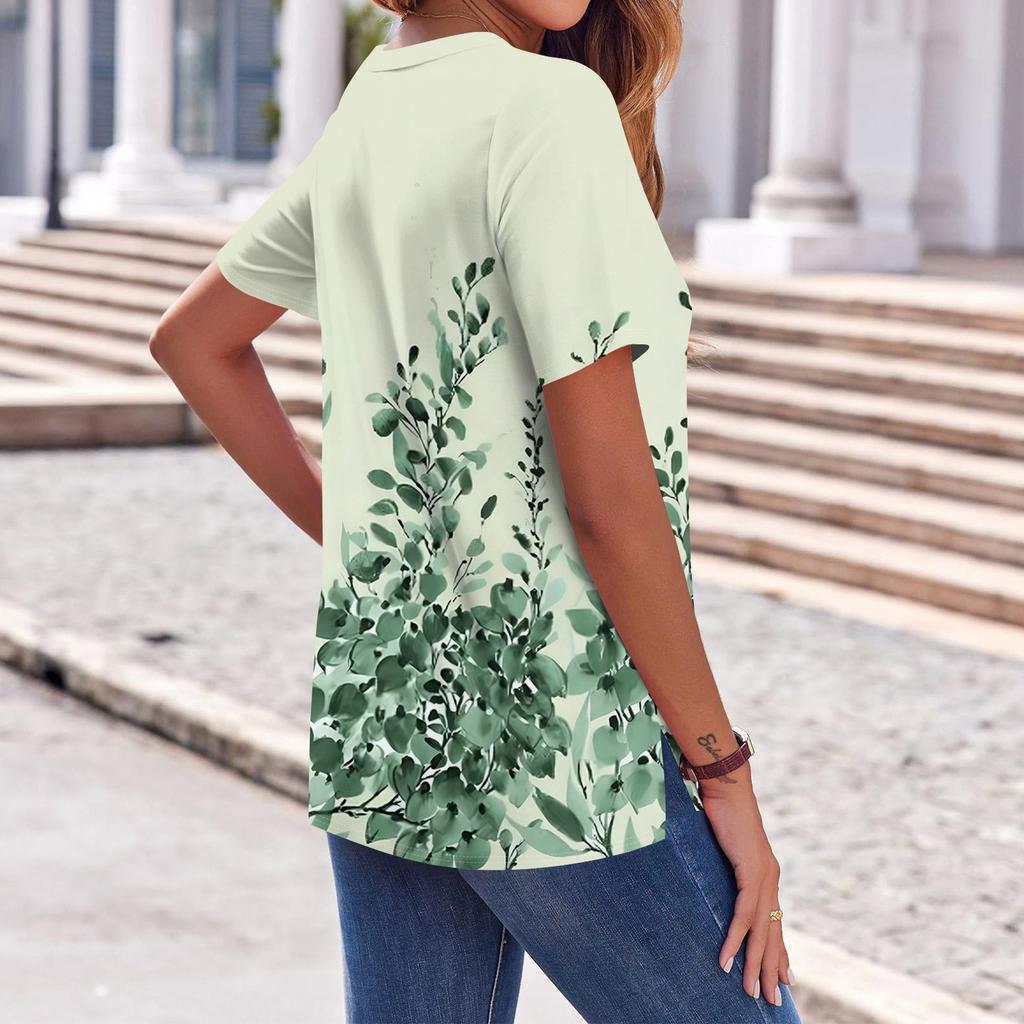 Women's Fashion Casual Hem Split Floral Print Short Sleeve Top