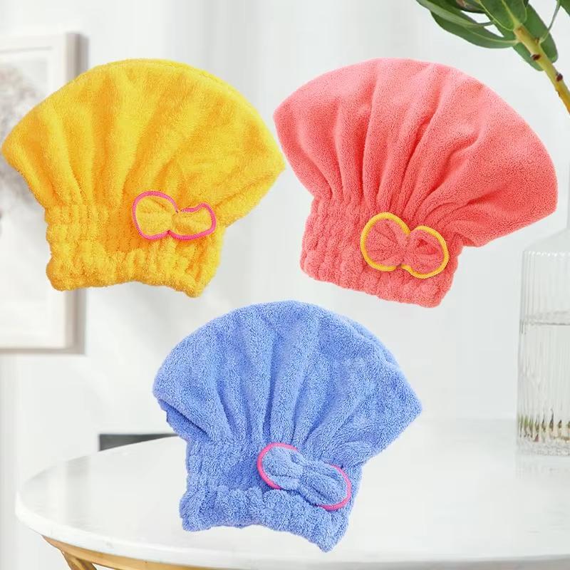 3Pcs Coral Fleece Hair Drying Caps - Absorbent Quick-Dry Spa Caps with Cute Bow Design, Soft Comfortable Hair Wrap for Daily Use