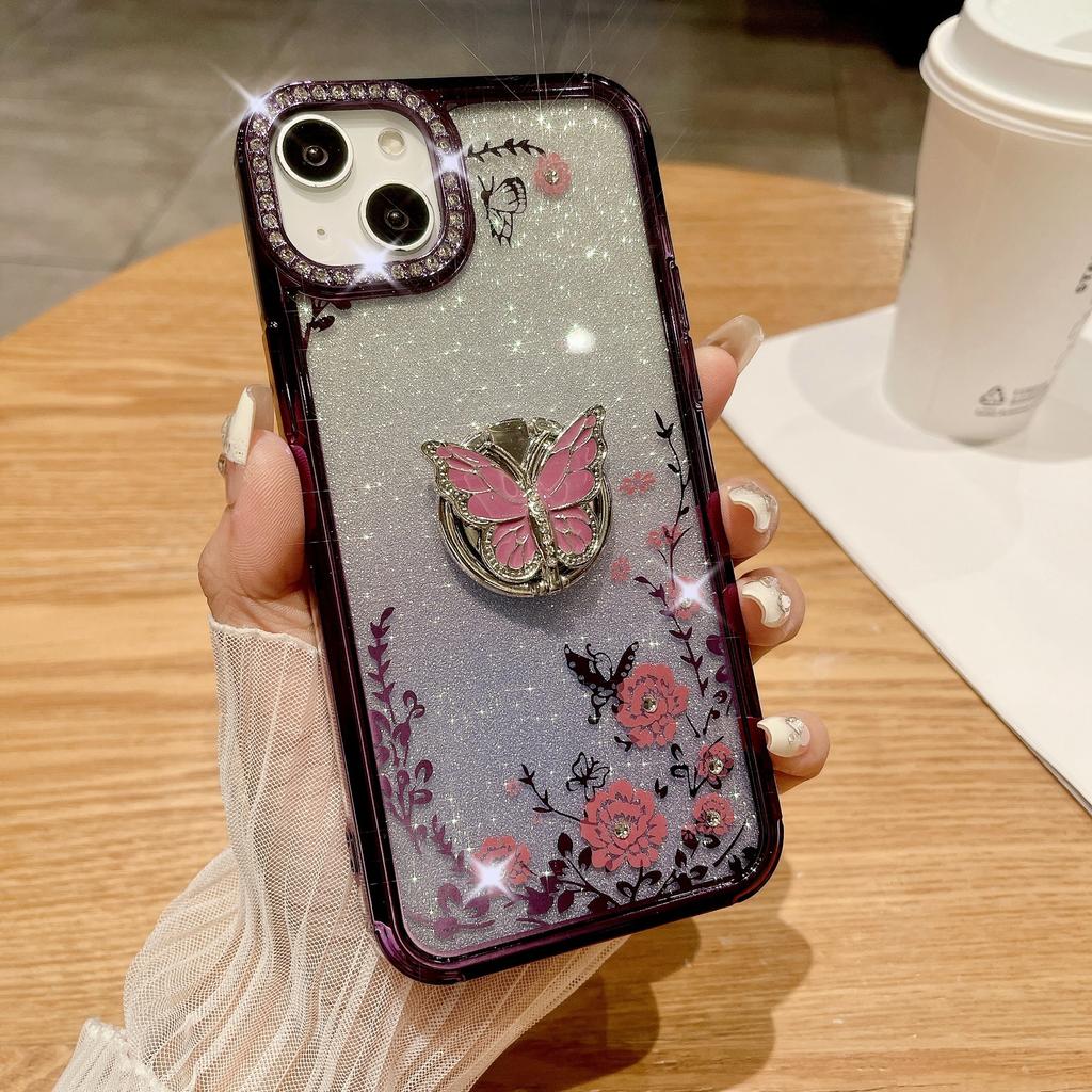 Suitable for Apple 16ProMax, Butterfly Ring Stand, Phone Case, Rhinestone, IPhone15 Electroplated Gradient Glitter Case