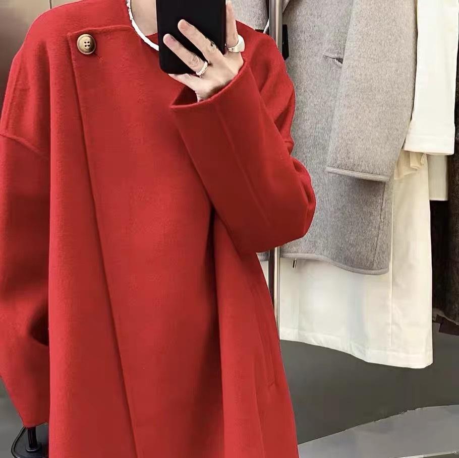 Designer Unregelmäßiger Ein-Knopf Doppelseitiger Chili-Roter Mantel