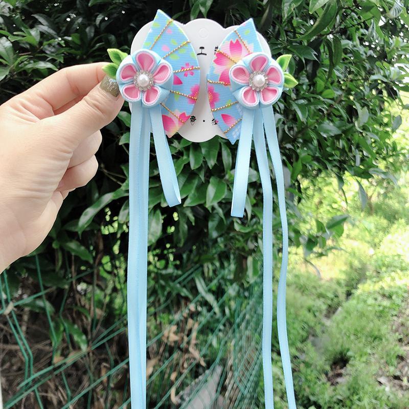 Japanese Kimono Fabric Flower Folding Fan Children Hair Accessories Clip Tassel Headwear Headdress Barrette