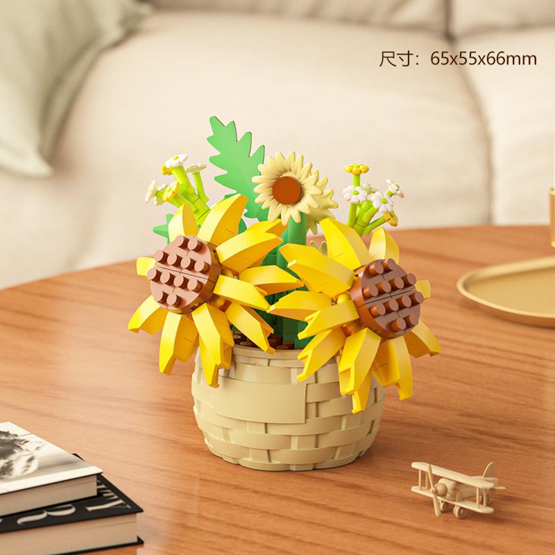 RedRose Flower Sunflower Building Blocks Flower Baskets Eternal Flower Girl Desktop Decorations Ornaments Gift Toys