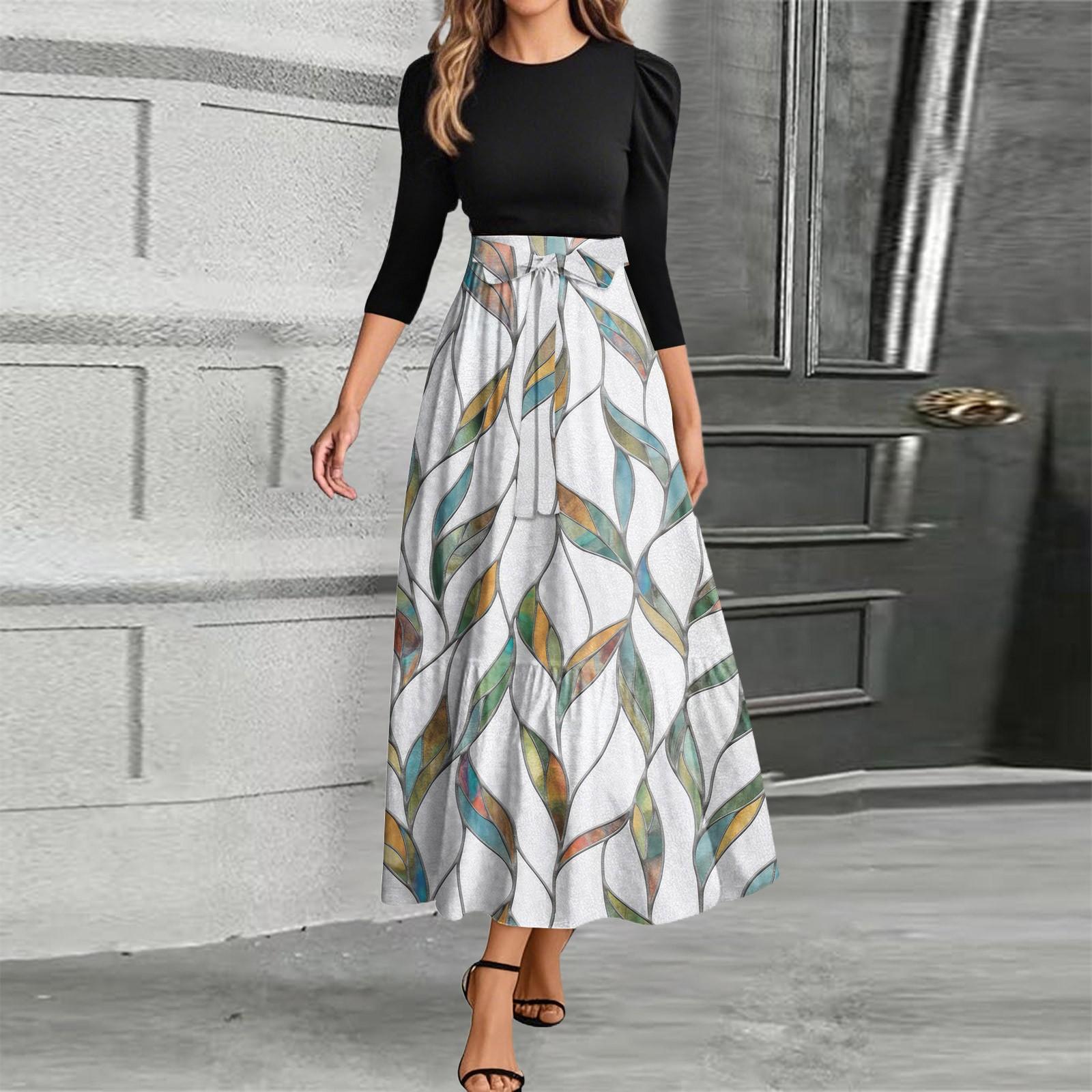 Women s Fashion Casual Belt Round Neck Floral Stitching Elegant Temperament Three-quarter Sleeve Dress XL белый