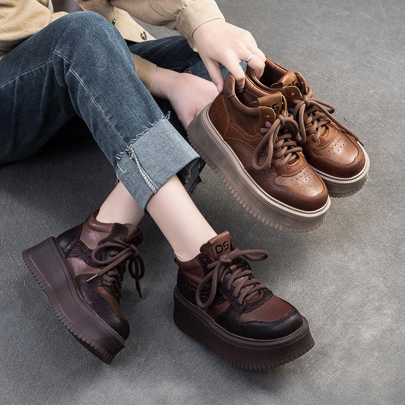 Fashion GKTINOO 2024 Spring New Genuine Leather Flat Platform Shoes Retro Round Toe Lace-up Women's Thick Sole Elevated Shoes
