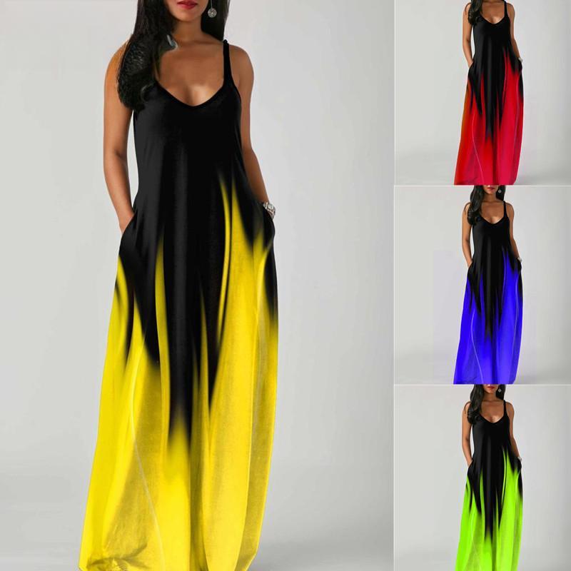 Elegant Fashion Floor Length Sleeveless V Neck Simple Women Summer Retro Printed Loose Waist Straight Dress