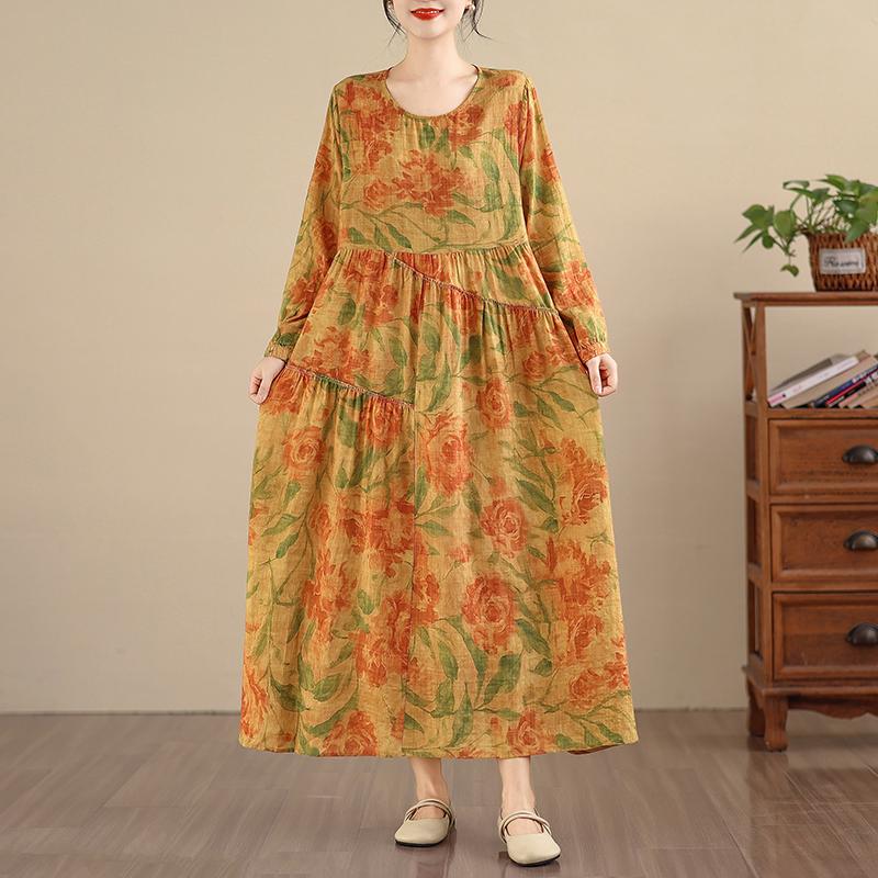 DIMANAF Yeni 2025 Kadın Büyük Beden İlkbahar Uzun Elbise Bol Temel Vintage Oversize Uzun Kollu Maksi Çiçekli