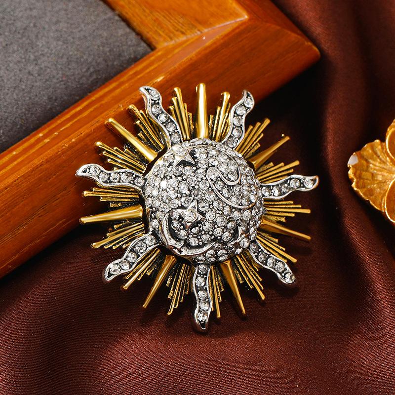 

Европейская и американская брошь-солнце в стиле ретро, ​​средневековый дворцовый стиль, брошь со стразами, вавилонская брошь с драгоценными камнями в виде подсолнечника