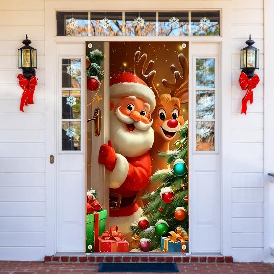 Vánoční dekorace na dveře Vtipný Santa Claus Závěsný banner na vchodové dveře Veselé Vánoce Zimní pozadí Znamení na verandu pro vnitřní a venkovní svátky