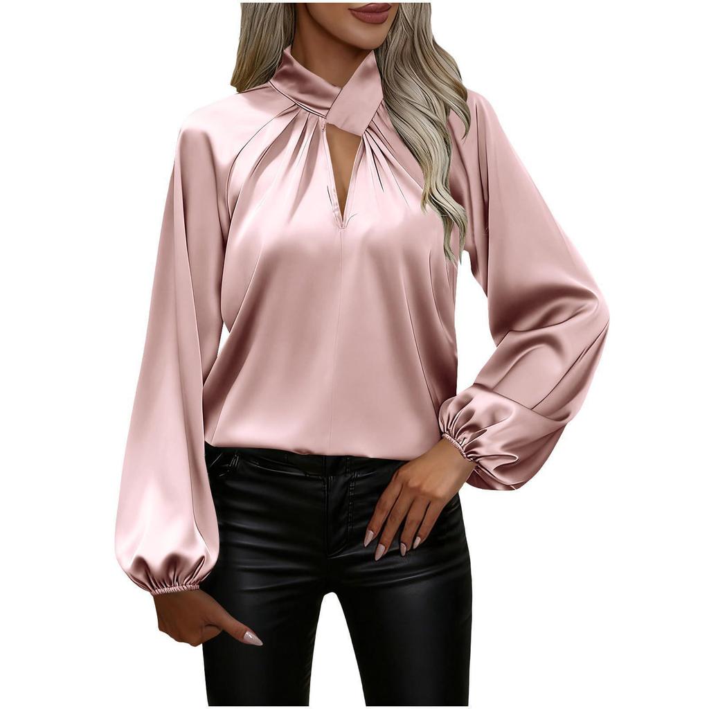 2025 New Satin Silk V-neck Long Sleeve Women's Loose Top