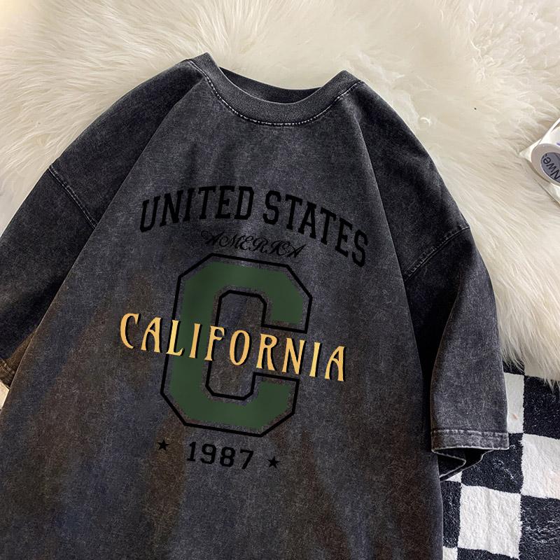 United States California Letter T-shirt Men Retro Printing Shirt Cotton Vintage Washed Tee Unisex Street Loose T-shirts