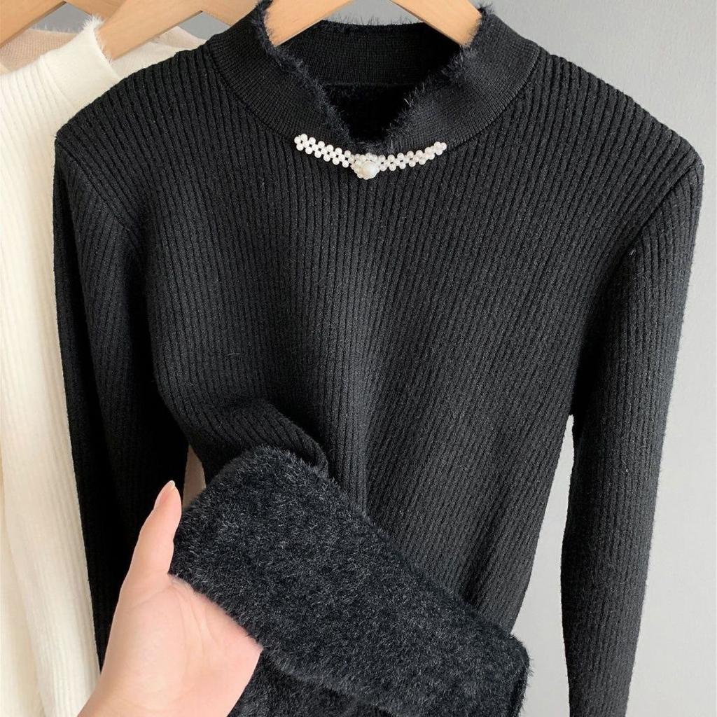 Retro Buckle Chinese Style One-piece Velvet Knitted Sweater for Women Half High Collar Thickened Warm Pullover Casual Velvet Sweater Autumn Winter