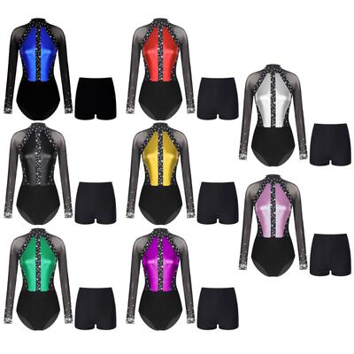 Womens Mesh Long Sleeve Gymnastics Bodysuit Rhinestones Ballet Dance Leotard Color Block Skating Jumpsuit Shorts Dancewear Sets