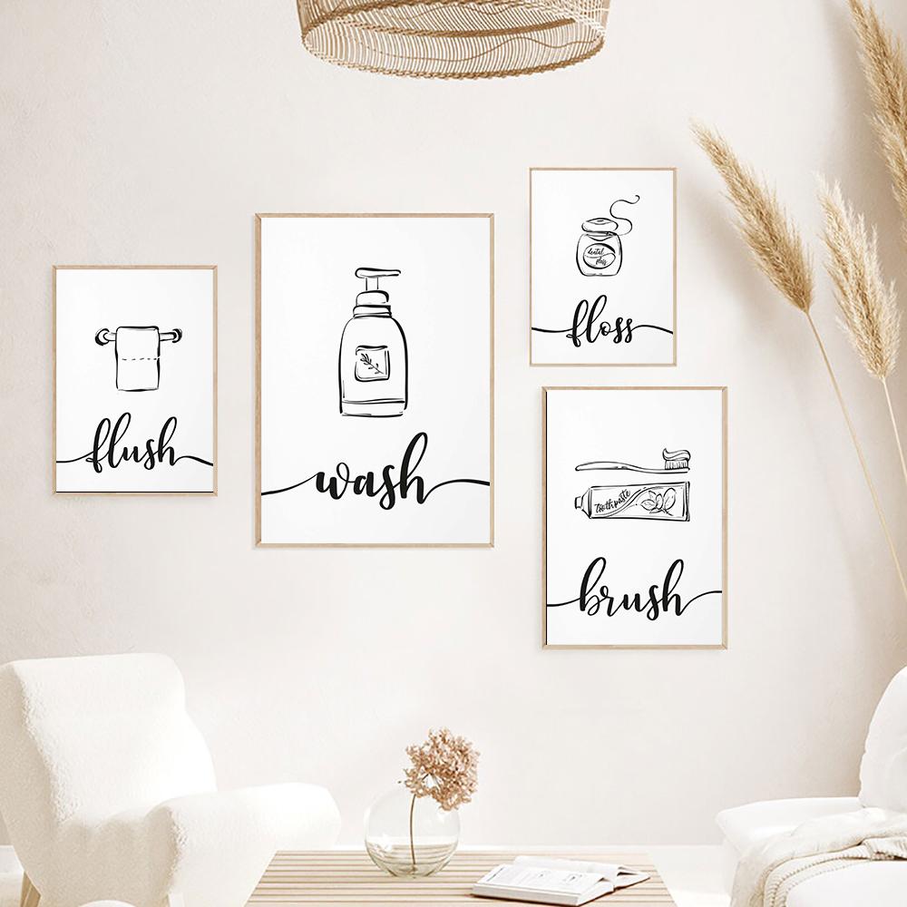 Wash Brush Floss Flush Black and White Minimalism Art WC Toilet Sign Posters Canvas Painting Nordic Wall Picture Bathroom Decor