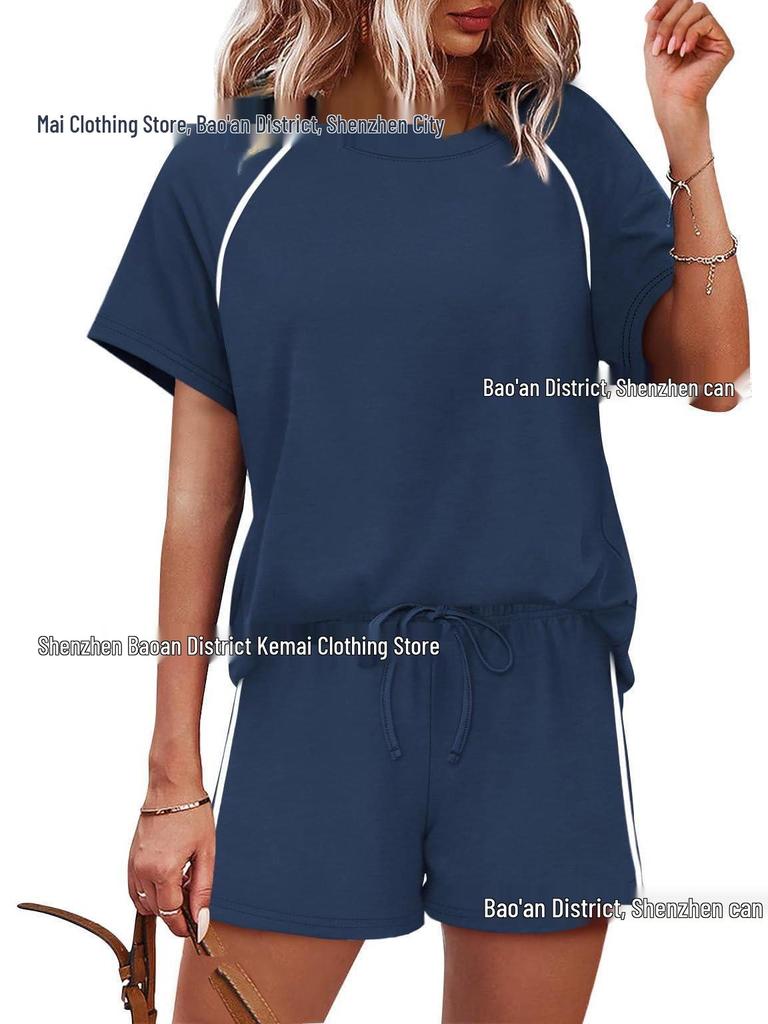 2026 Spring/Summer Women's Stretch Sport Casual Two-Piece Set - Round Neck Short Sleeve Top & Shorts
