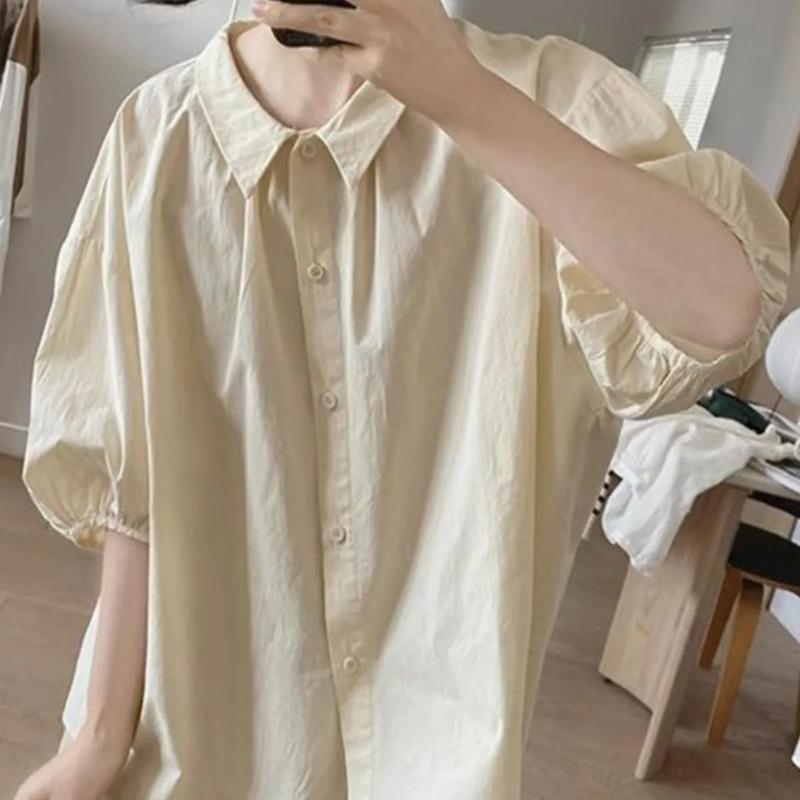 Однотонная кукольная женская новая сшитая свободная облегающая простая сладкая рубашка с коротким рукавом XXL