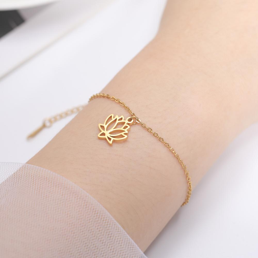 Cazador Gold Color Lotus Charm Bracelet for Women Aesthetic Flower Stainless Steel Chain Bracelet on Hand Jewelry Gift Wholesale