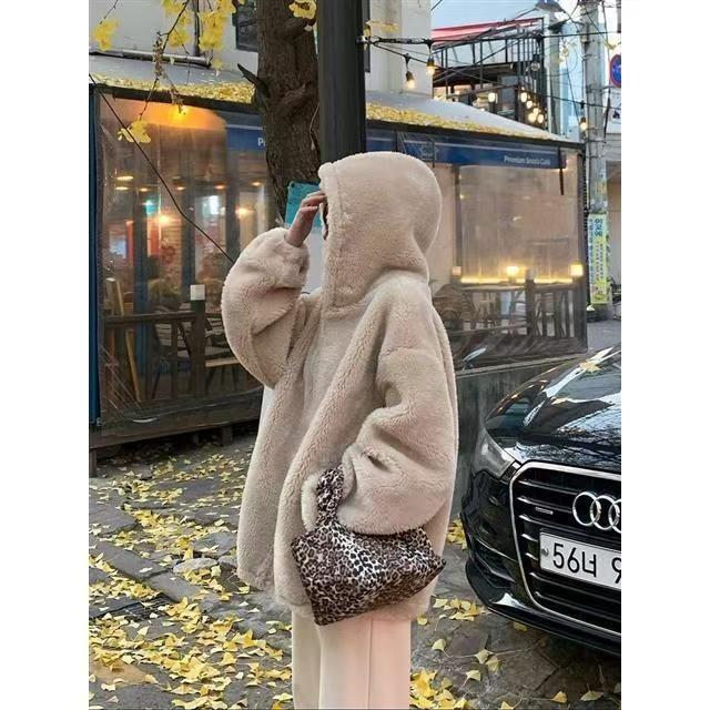 Women's Mid-Length Hooded Coat 2025: Plush Double-Sided Furry Imitation Lambswool for Winter