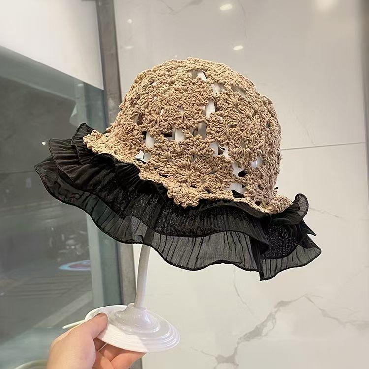 Vintage Hand-Crocheted Thin Cap for Women, Summer Lace Hollow Out Fisherman Hat, Cotton Yarn Ruffled Brim Bucket Hat