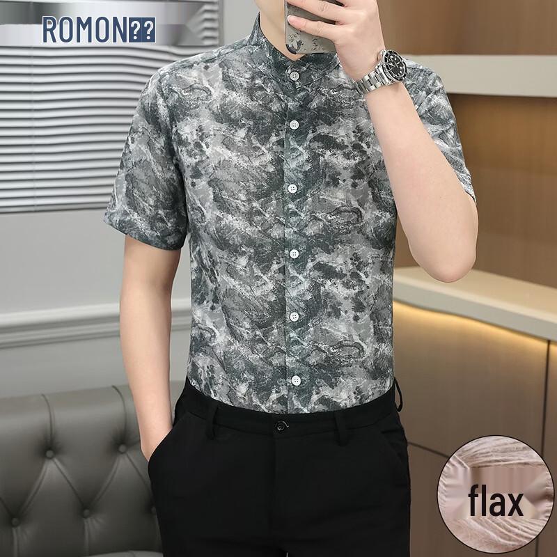ROMON Men s Linen Blend Crew Neck Short-Sleeve Shirt L