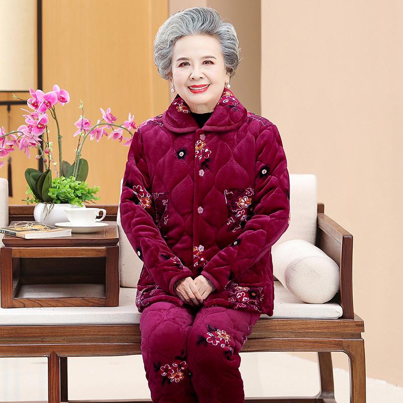 Pajamas three-layer thickened loungewear coral fleece clothes fleece clothes the elderly winter suit women