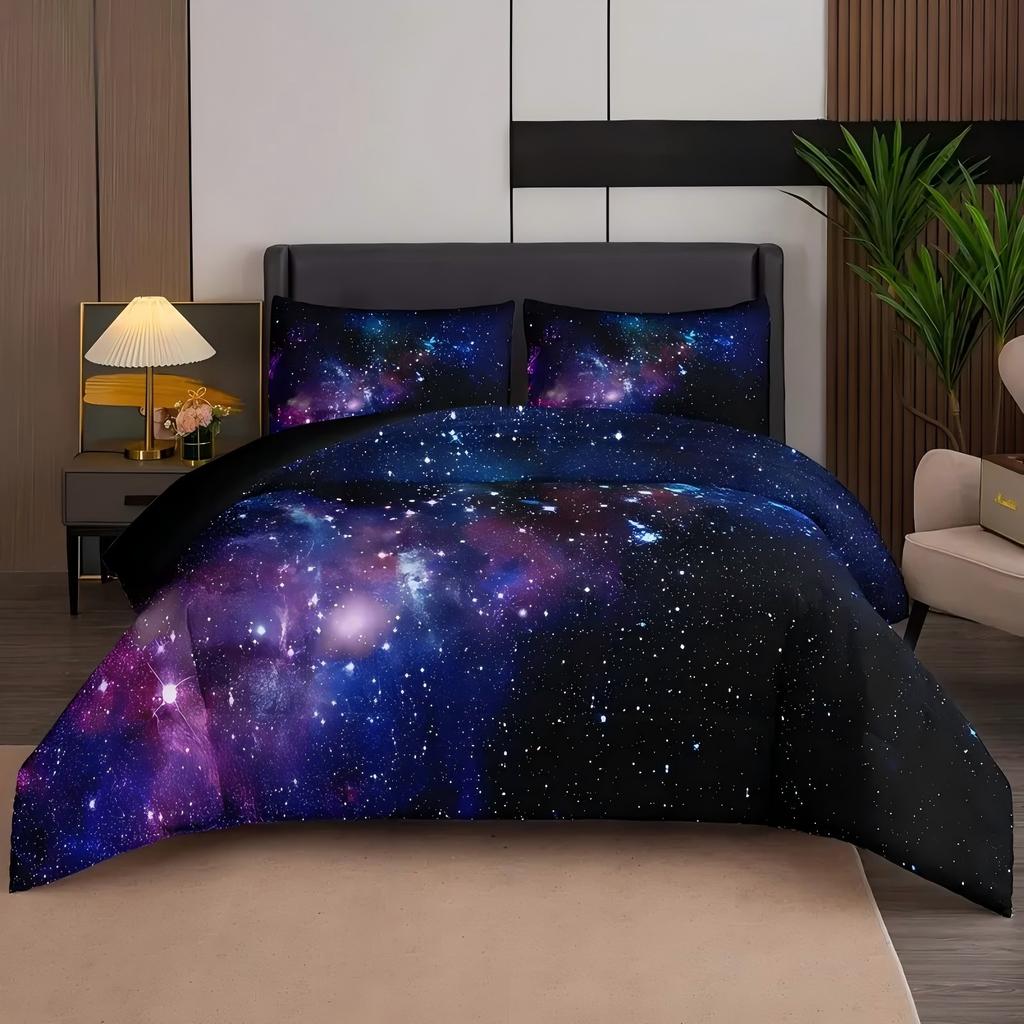Blau Lila Sternenhimmel 3D Gedrucktes Bettwäscheset Weich Bequem Traumthema Bettbezug für Kinder Teenager Erwachsene Steppdeckenbezug Kissenbezüge