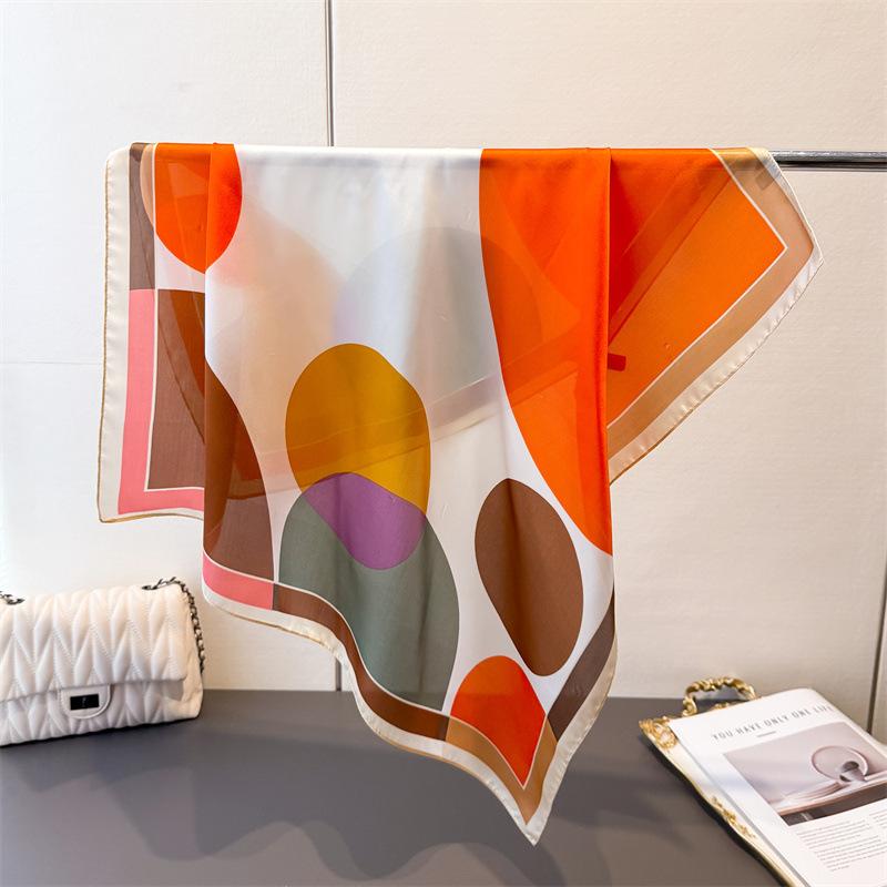 Colorful Round Block Printing Simulation Silk Scarf Square Scarf High-End Shawl Versatile Neck Small Square Scarf Headscarf