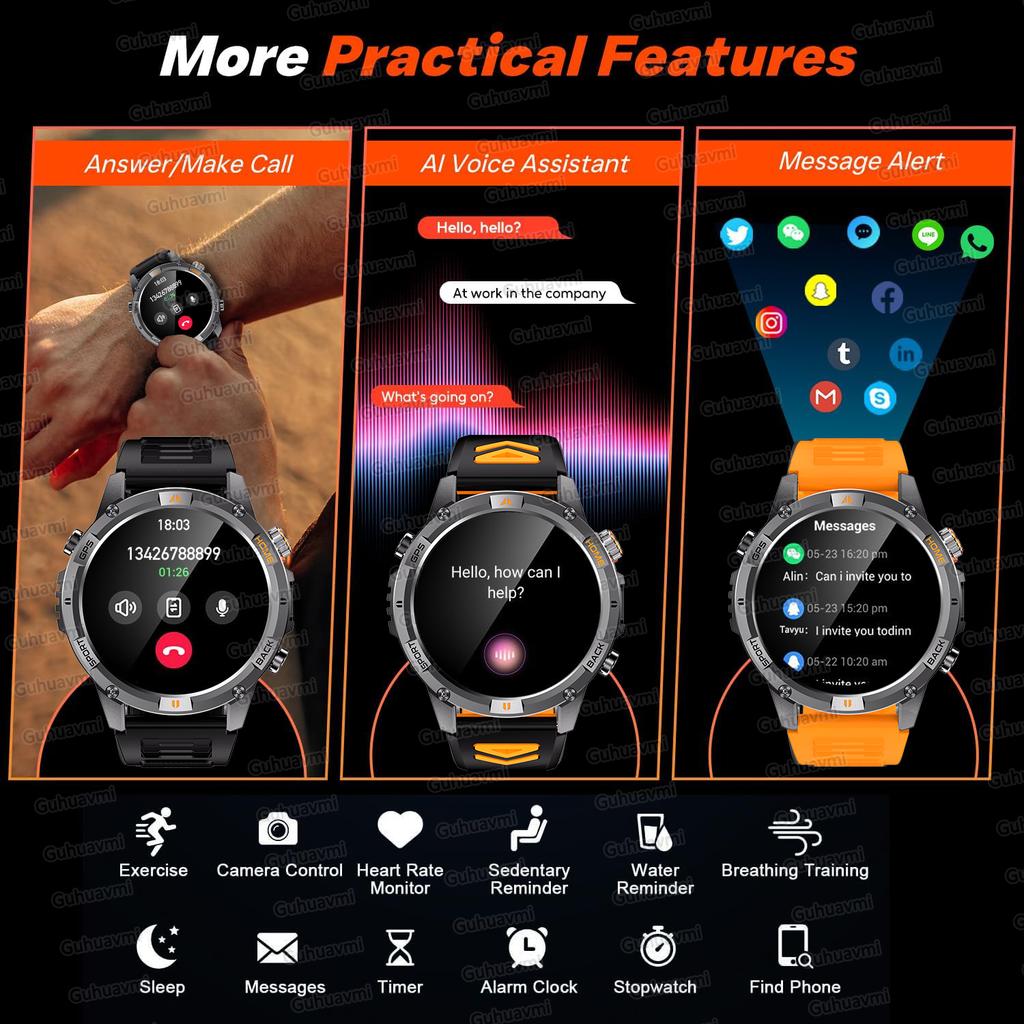 Military GPS Smart Watch for Men with Compass Flashlight 10ATM Waterproof Smartwatch Activity Tracker Multiple Sport Watch