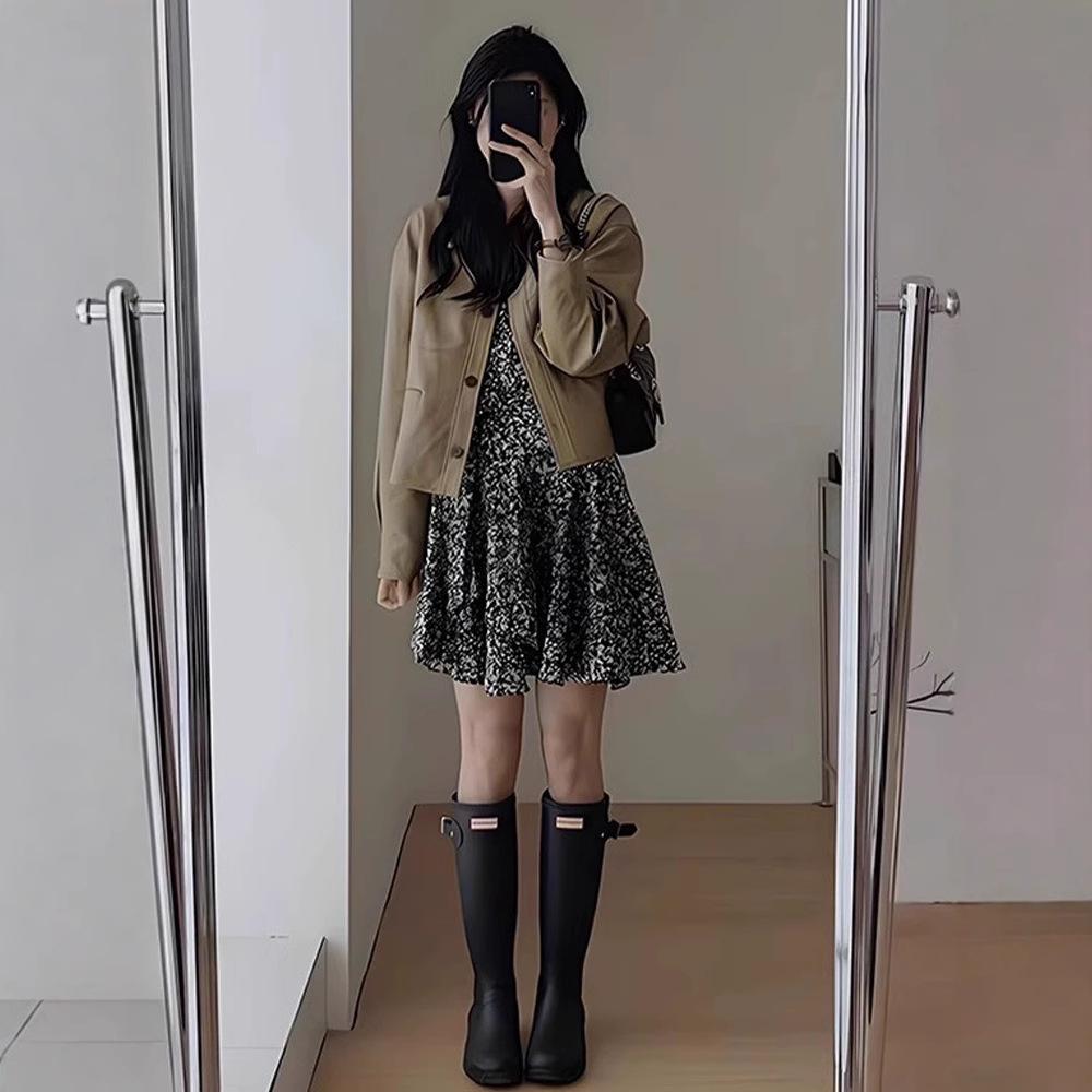 French Hepburn style design shows temperament floral dress women's spring and autumn new black versatile bottom long skirt