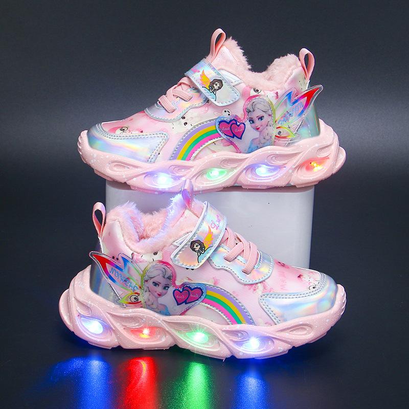 Girls shoes with lights, new autumn and winter models, plush warm shoes, leather girls sneakers, little girls princess shoes 22Inner Length13.7cm