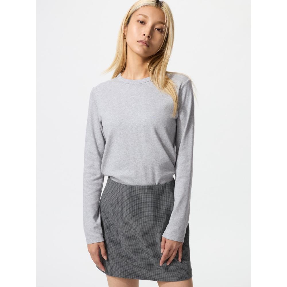 Uniqlo Хлопковая футболка с круглым вырезом и длинным рукавом с гладкой эластичной текстурой