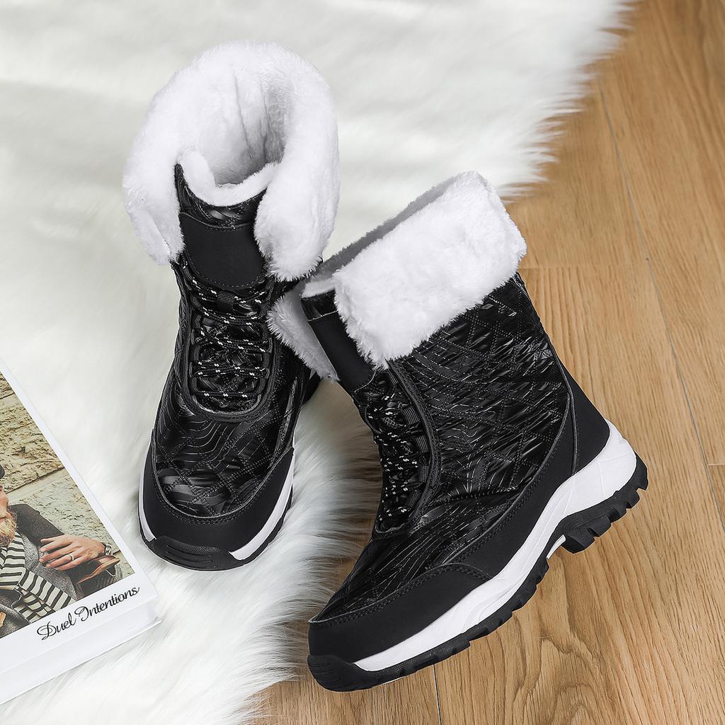 Waterproof snow boots medium tube front zipper large size cold-proof warm cotton boots velvet outdoor winter shoes