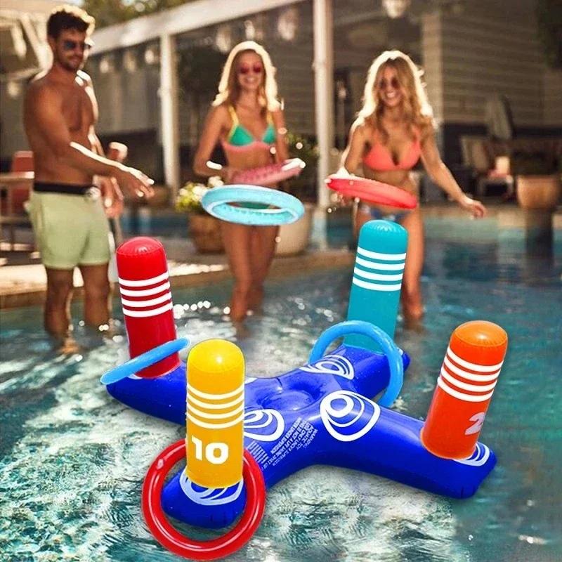 Water Party Sport Swimming Inflatable Ring Toss Game Floating Pool Toys Accessories for Kids Adult Beach Supplies with 4 Loops