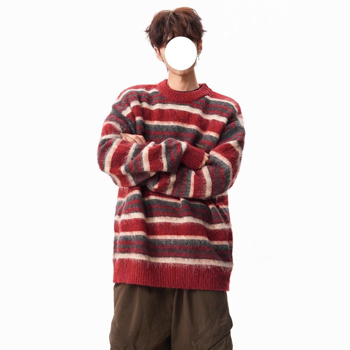 Унисекс ретро-свитер из мохера в красную полоску – осенне-зимний стиль Extra Large