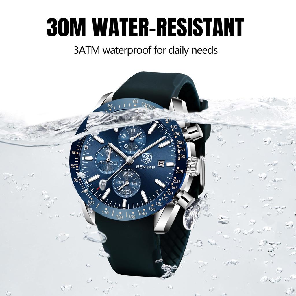 BY BENYAR Watch Watch Chronograph Analog Watch 30M Waterproof Business Simple Stylish Popular Formal Leather Belt Quartz Watch Gift for Men Blue