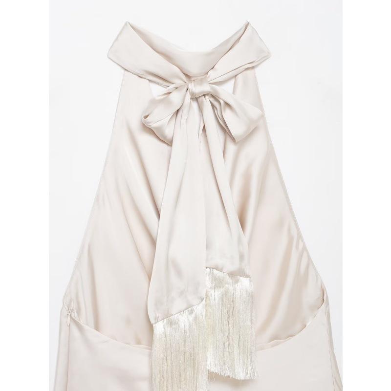2025 Silk Satin Halter Neck Sleeveless Top with Draped Collar