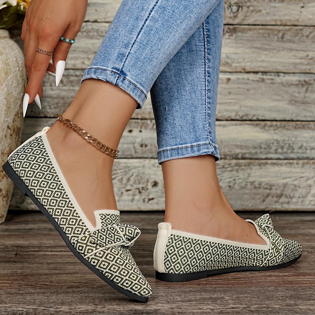 Fashion Women Flats Spring Large Size Walking Sneakers Women Pointed Toe Low-top Bow Loafers Fashion Printed Knitted Flat Shoes Women