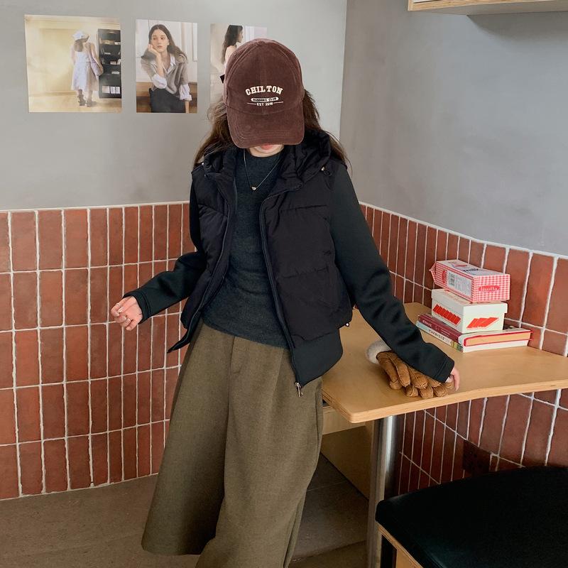 Autumn and winter new European and American style short hooded cotton-padded jacket high waist jacket light and thin hooded splicing jacket cotton-pad