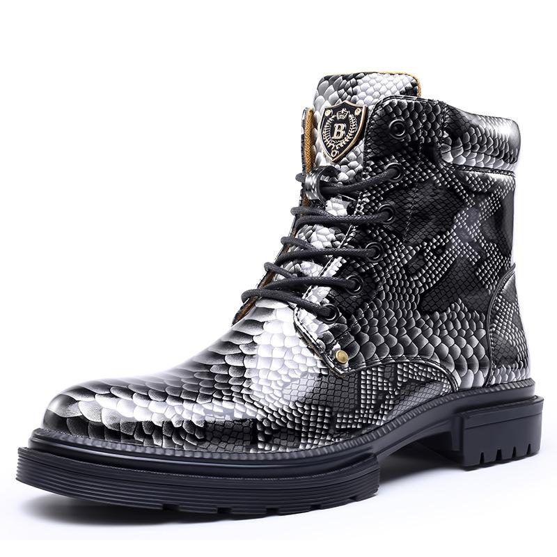 New Men's British Leather Boots Large Size Imitation Snake Print Discoloration Martin Shoes Men's Casual Boots
