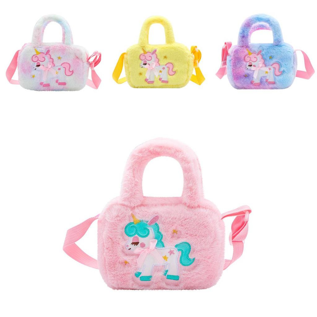 Cute Plush Unicorn Shoulder Bag For Kids Cartoon Design Soft And Fluffy Perfect For Kindergarten And Daily Use Purple