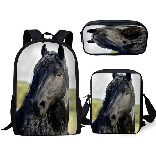 Trendy Handsome Black Horse 3D Print 3pcs/Set pupil School Bags Laptop Daypack Backpack Inclined shoulder bag Pencil Case