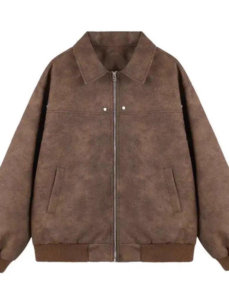 Women's High-End American Retro Brown Leather Jacket - Trendy Autumn/Winter Loose Couple Outerwear