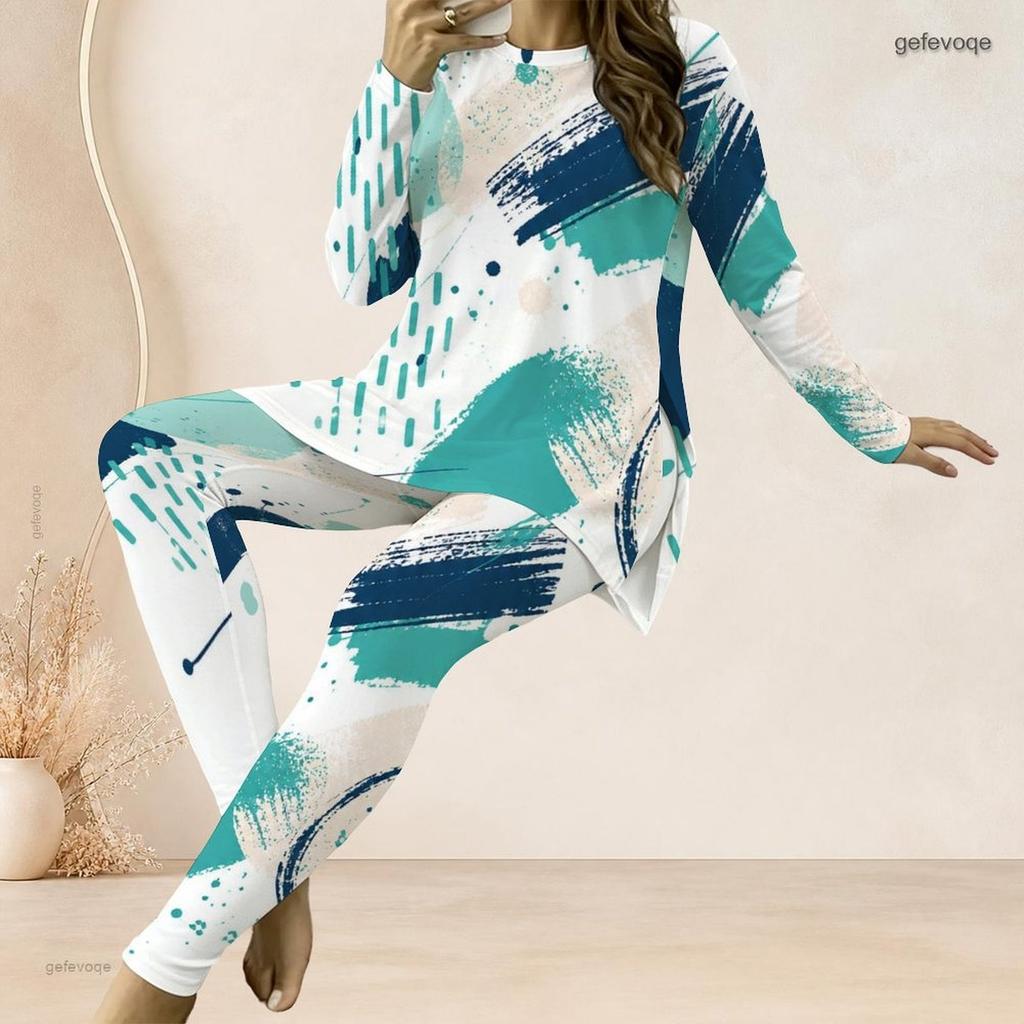 Women Plus Size Round Neck Long Sleeve Printed Longline Top And Fitted Pants Two Piece Set