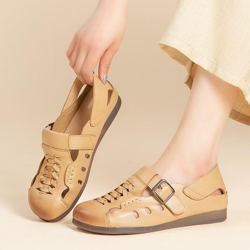 Johnature Flat Heel Soft Soled Sandals Hollow-out Breathable Genuine Leather Retro Hole Women's Shoes