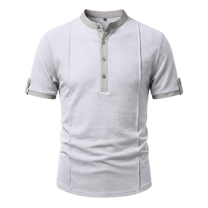 Mens American Retro Textured Henley Short Sleeve Casual Loose Vacation Commuter T Shirt