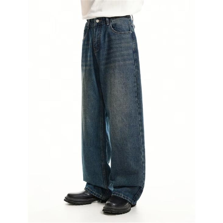 Jeans Autunnali a Gamba Dritta da Uomo Lavati Casual alla Moda di Marca Senso del Design High Street, Robusti e Belli Retrò con Pieghe a Lunghezza Pavimento