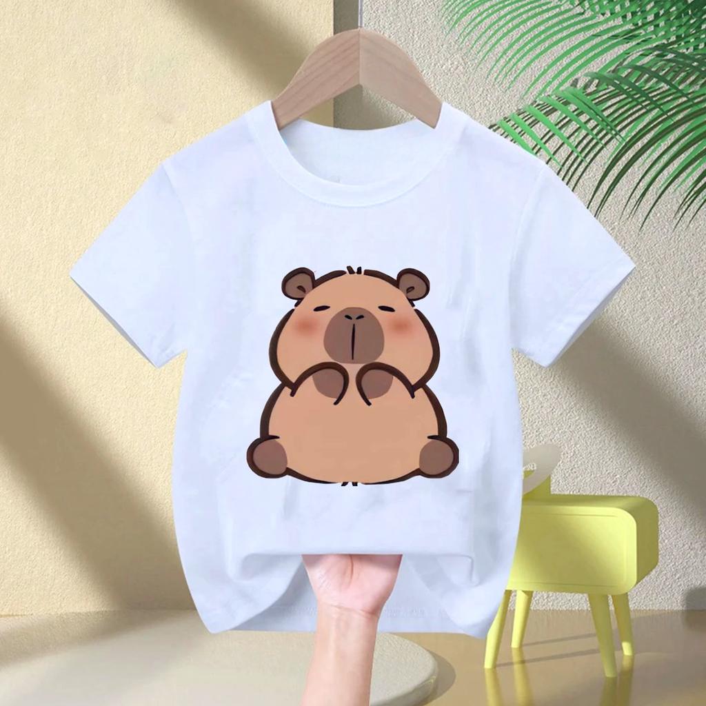 Cute Capybara Loves Bubble Tea Print Kids TShirt Summer Childrens Cartoon Shortsleeved Casual Tops Boys and Girls Clothing