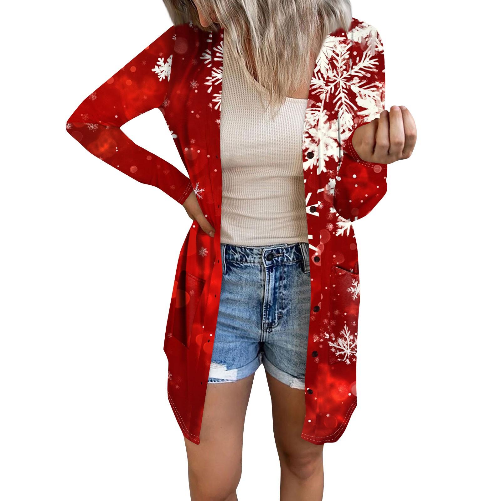 

Женский повседневный кардиган с длинным рукавом и рождественским принтом с карманами S красный